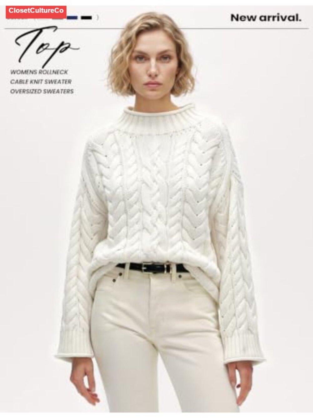 Women's Oversized Cable Knit Rollneck Pullover Sweater Cotton Blend - Picture 2 of 5